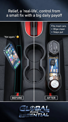 Global Prime Essential car seat gap organizer filled with keys and phone, preventing items from falling between seats.