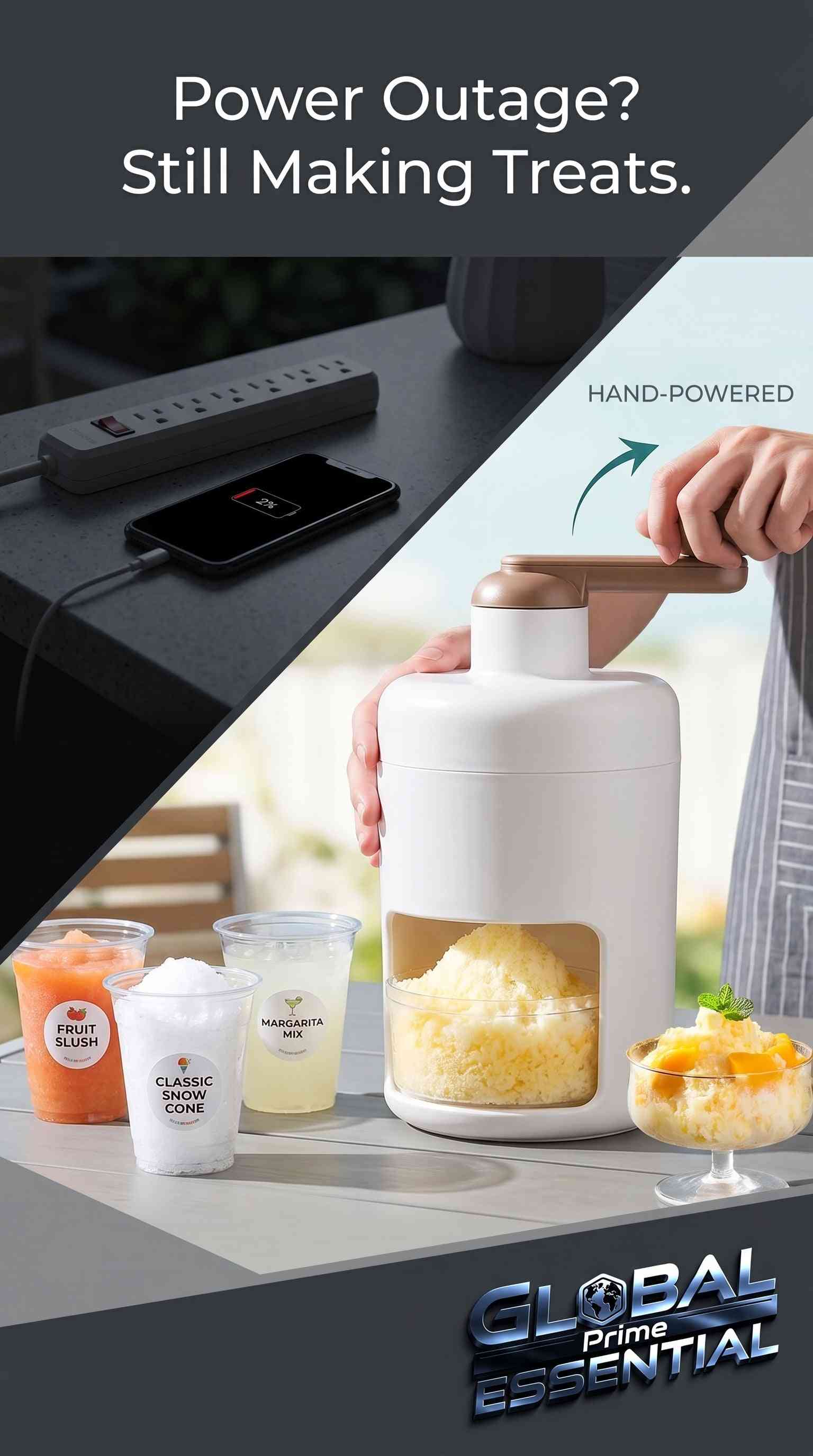 Global Prime Essential hand crank ice crusher and slushie maker with manual snow cone machine, no electricity needed.