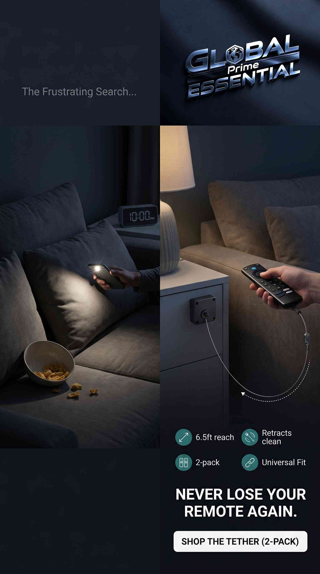 Global Prime Essential retractable remote control tether with 6.5ft cable, ideal for TV, gaming, and AC remote organization.