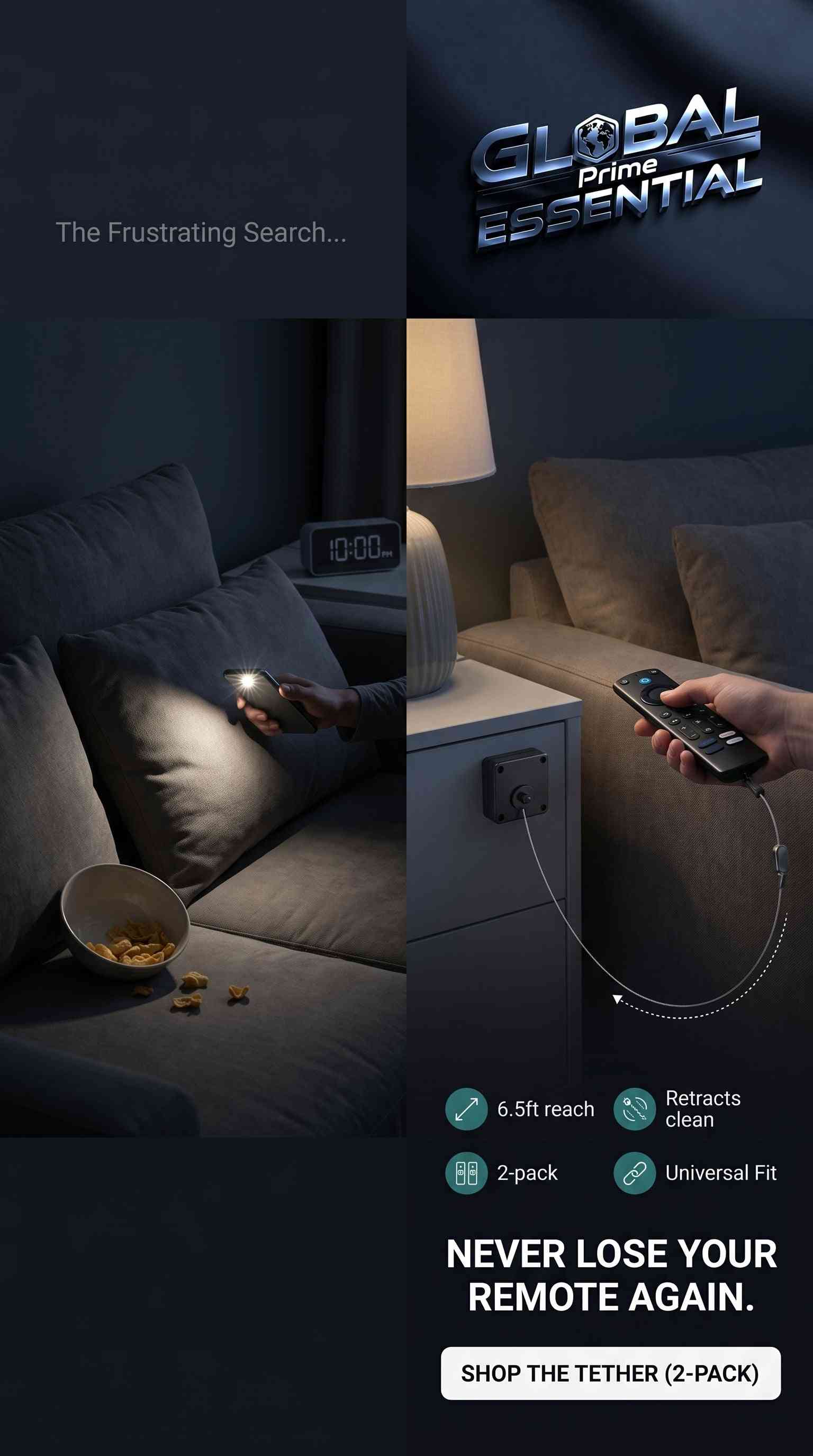 Global Prime Essential retractable remote control tether with 6.5ft cable, ideal for TV, gaming, and AC remote organization.