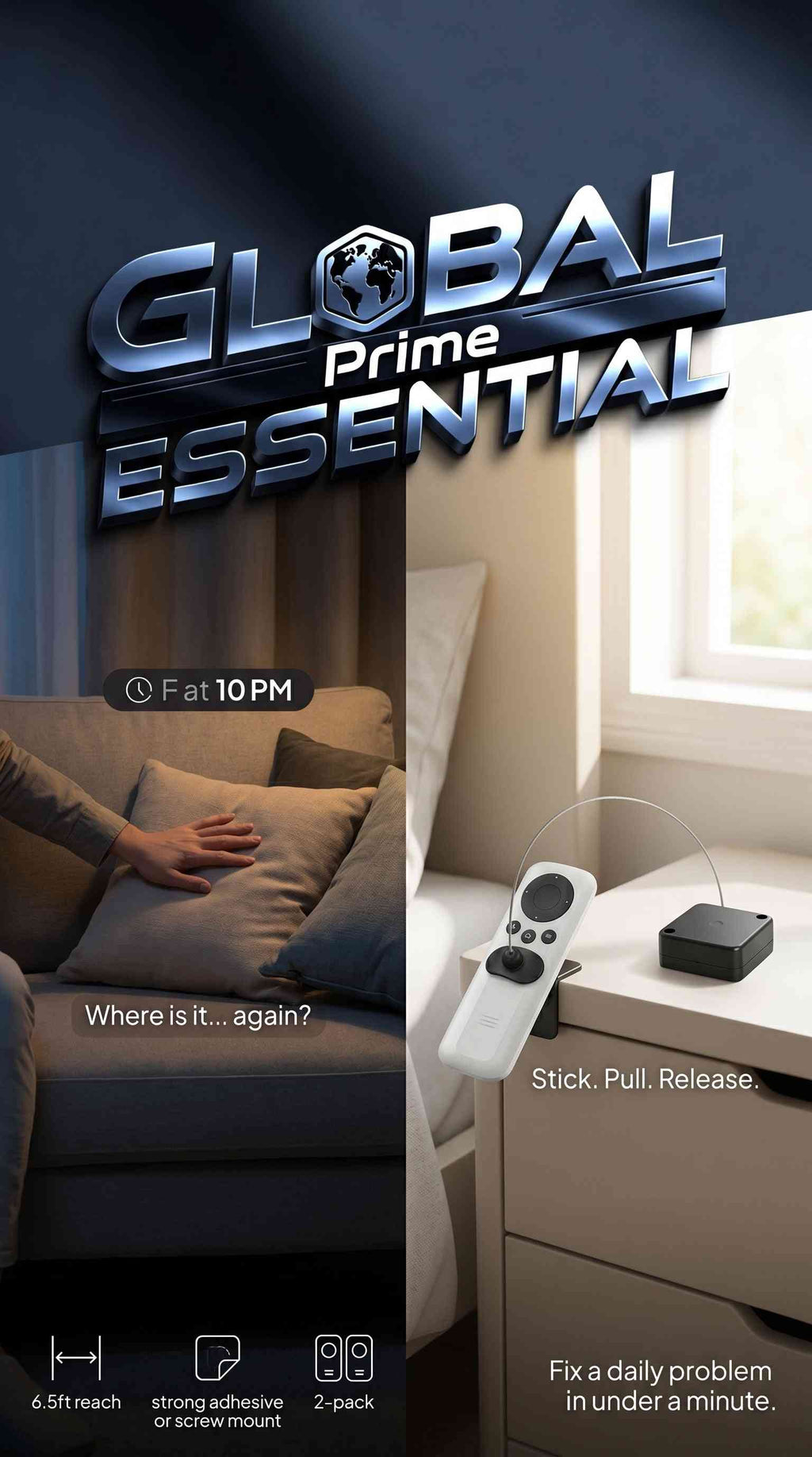 Global Prime Essential retractable remote control tether with 6.5ft cable, designed to prevent TV, gaming, and AC remote loss.