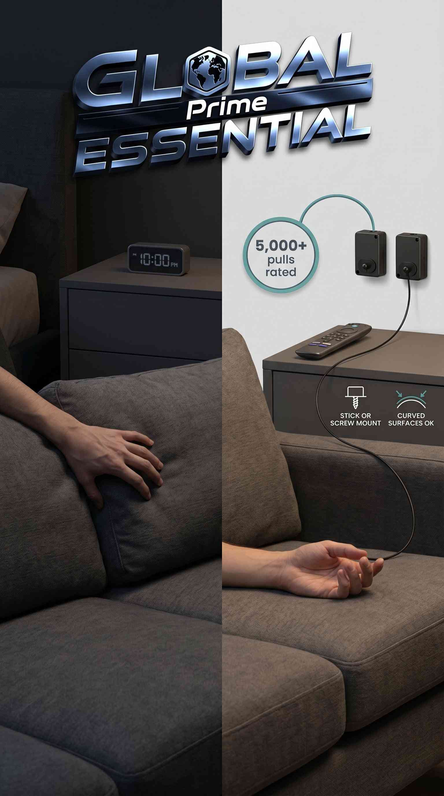 Global Prime Essential retractable remote control tether with 6.5ft cable, designed to prevent remote loss for TV, gaming, and AC remotes.