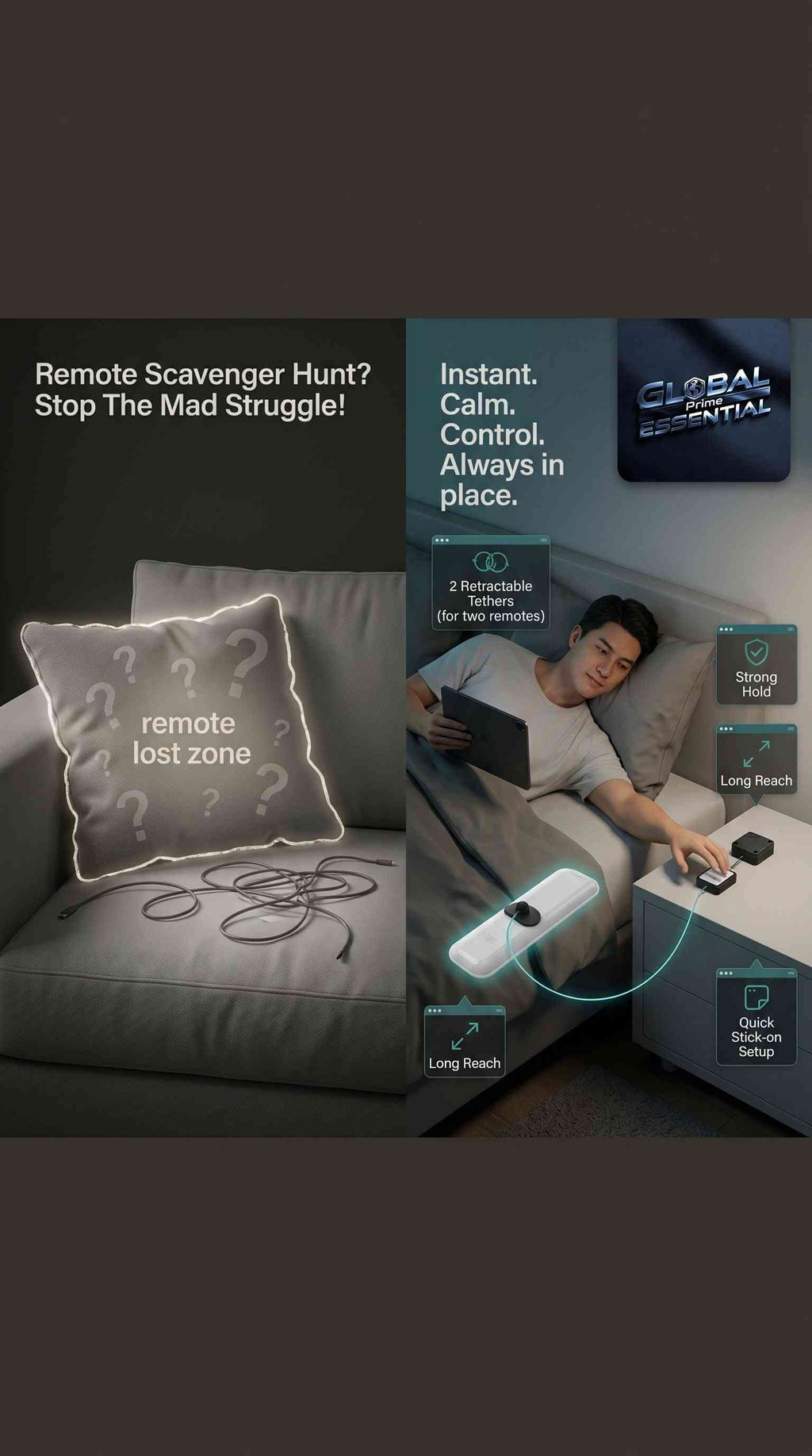Global Prime Essential retractable remote control tether with 6.5ft cable, shown attached to TV and gaming remotes for home organization.