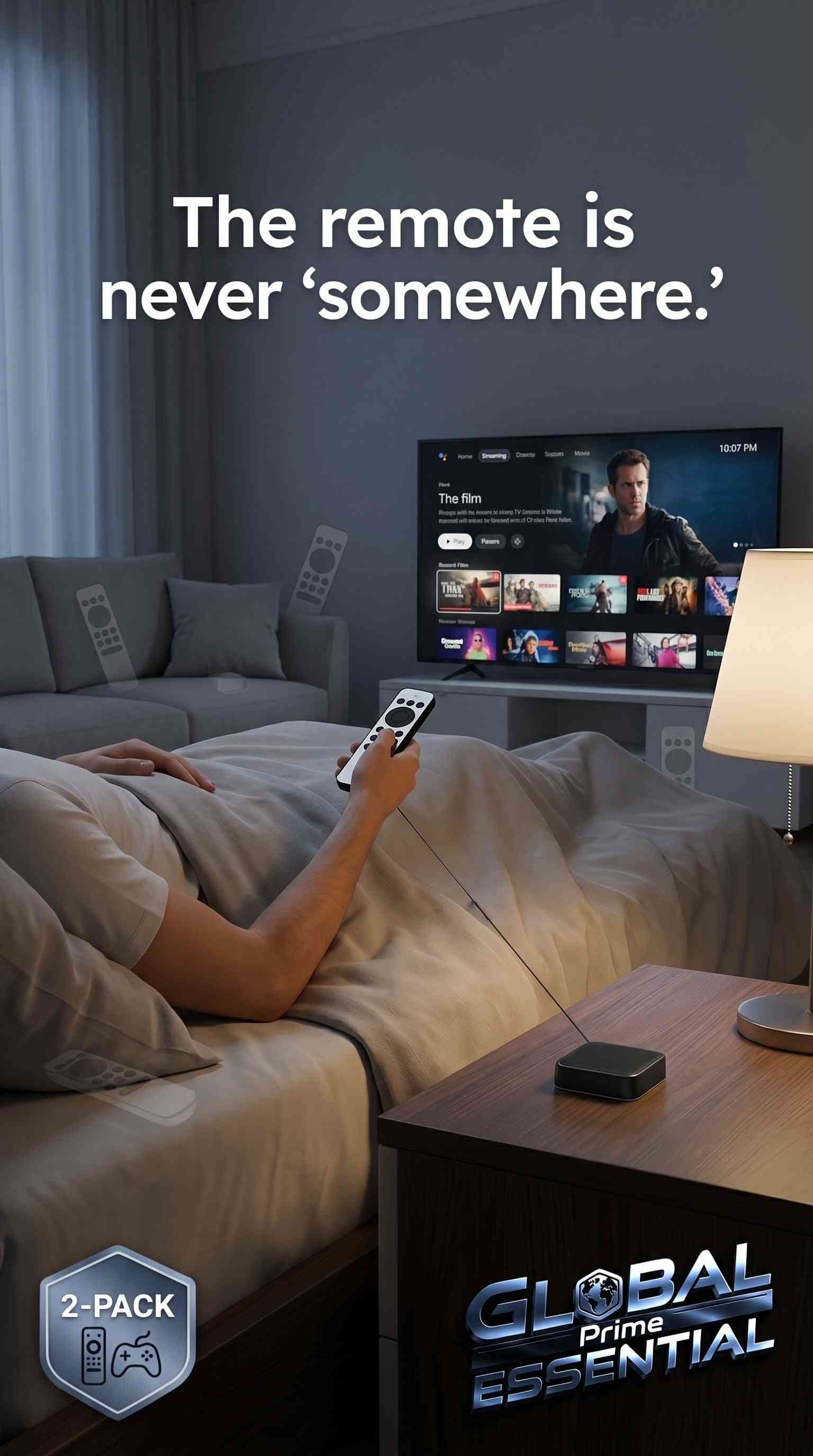 Global Prime Essential retractable remote control tether with 6.5ft cable for TV, gaming, and AC remotes in a home organizer setup.