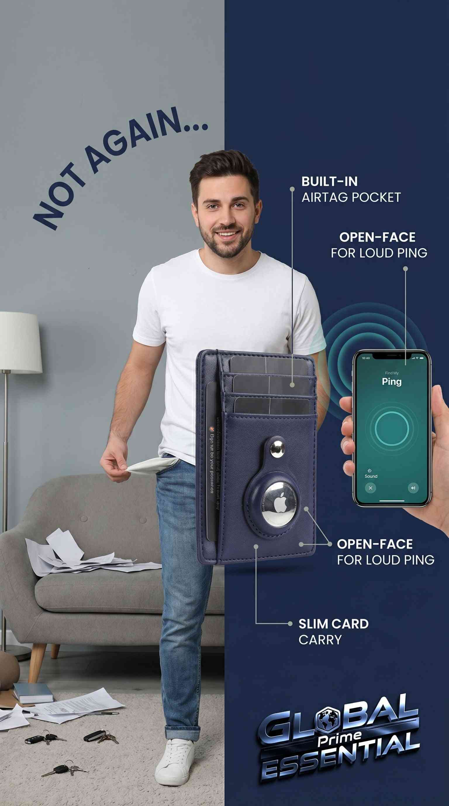 Global Prime Essential Apple AirTag Wallet, slim card holder with built-in AirTag pocket, shown in a sleek design on a white background.