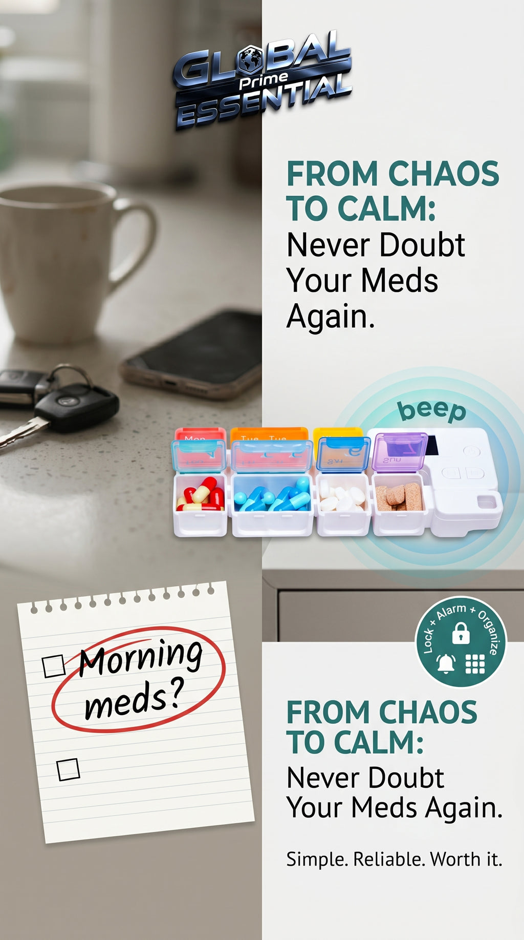 Global Prime Essential drug storage alarm box with digital timer and lock for safe, organized medication management.