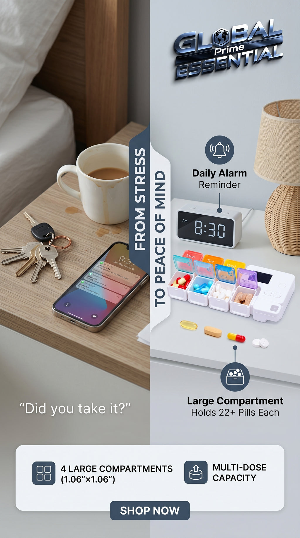 Global Prime Essential drug storage alarm box with reminder feature for safe medication management and peace of mind.