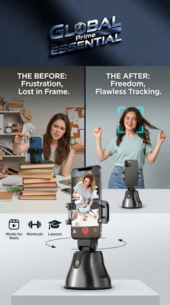 Global Prime Essential face tracking phone holder with 360° auto-follow stand for videos and live streams.
