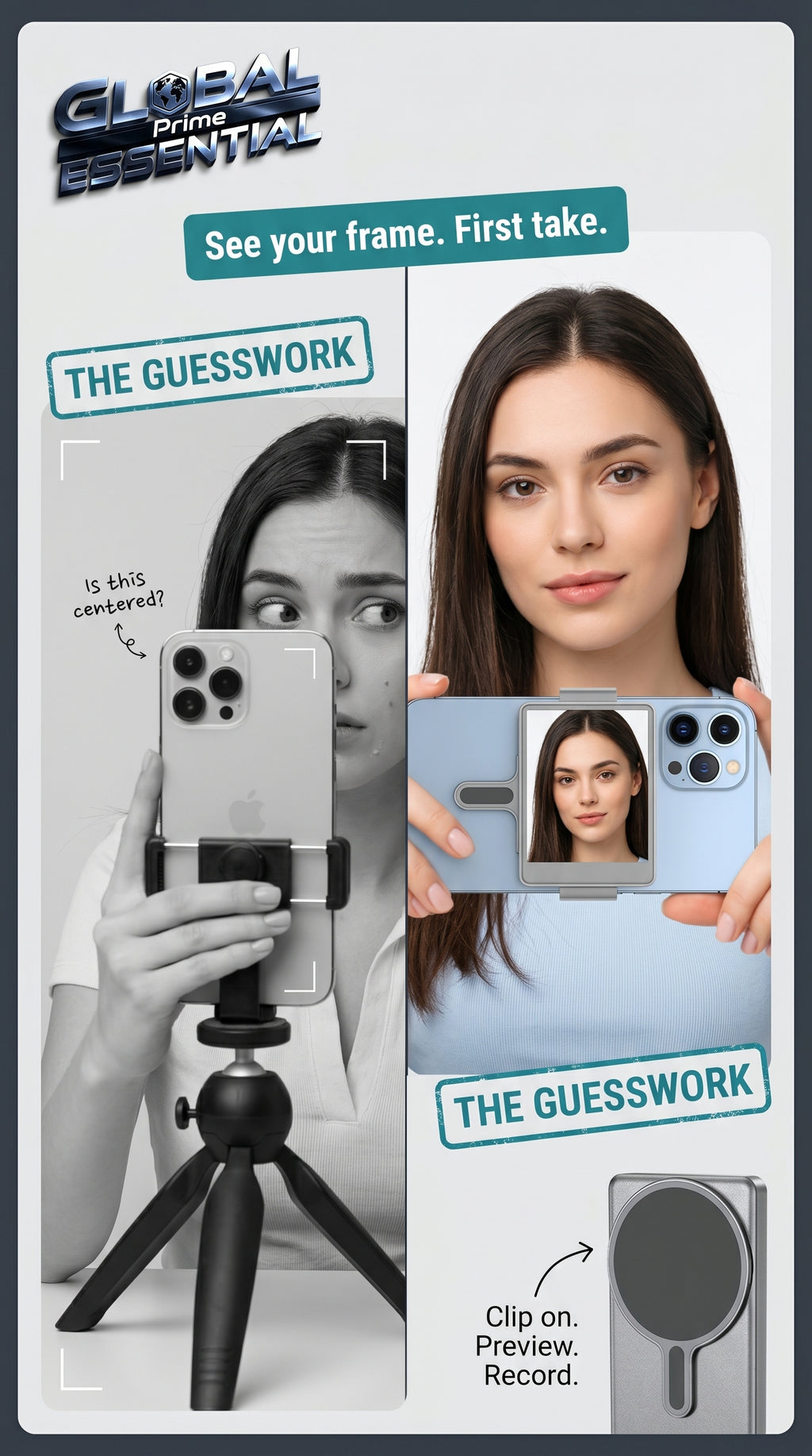 Global Prime Essential vlog selfie monitor for iPhone showing live camera frame for perfect shot composition.