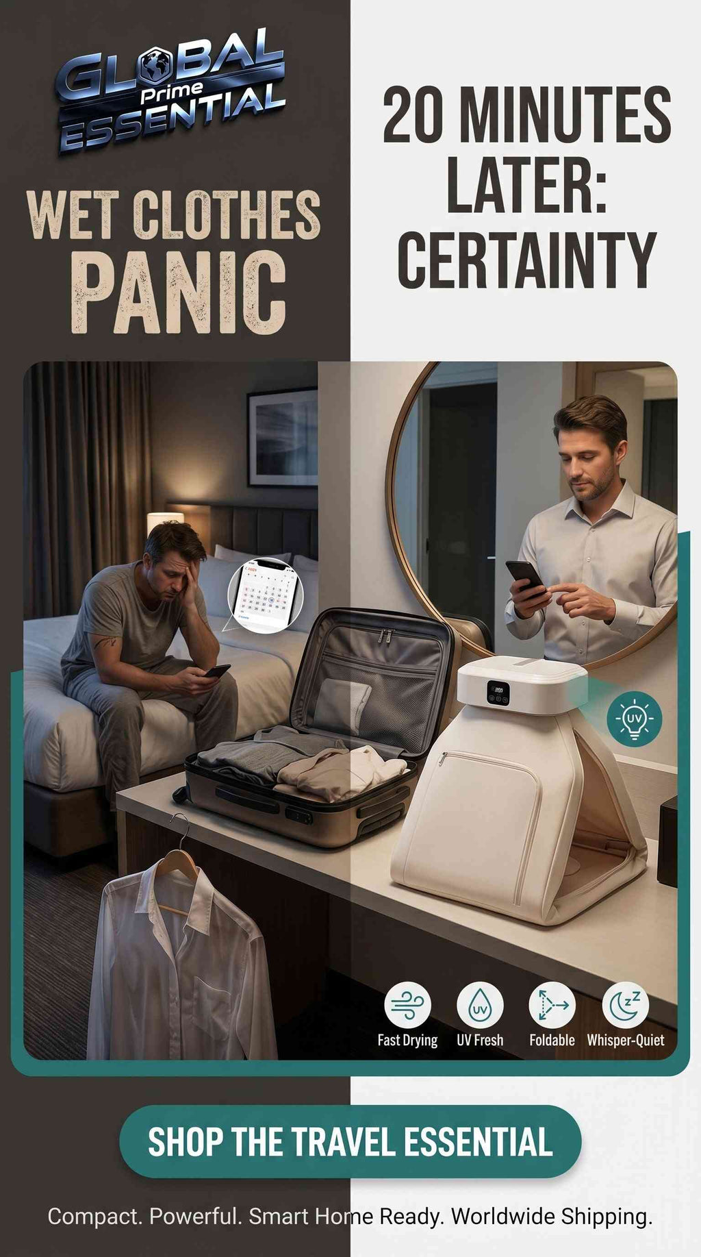 Global Prime Essential portable electric clothes dryer with UV light, foldable design ideal for travel and apartment use.