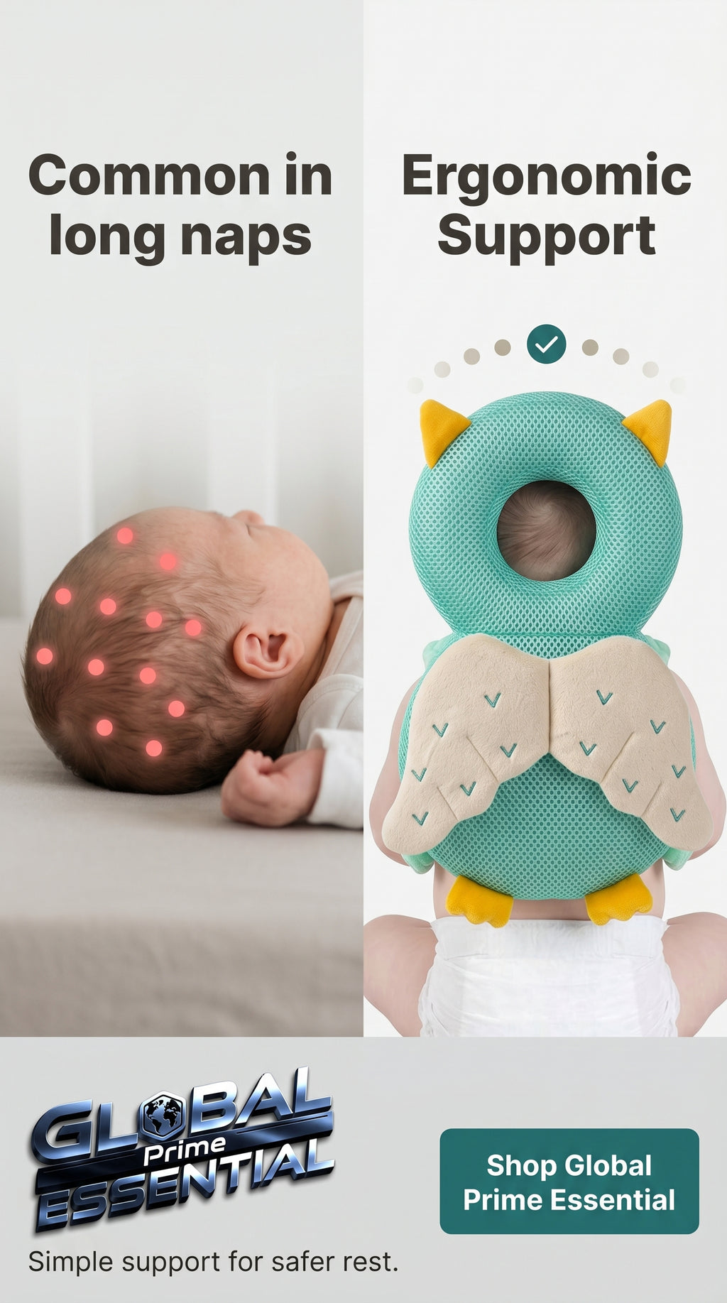 Global Prime Essential newborn protection pillow designed to keep baby’s head safe and comfortable as a baby accessory.