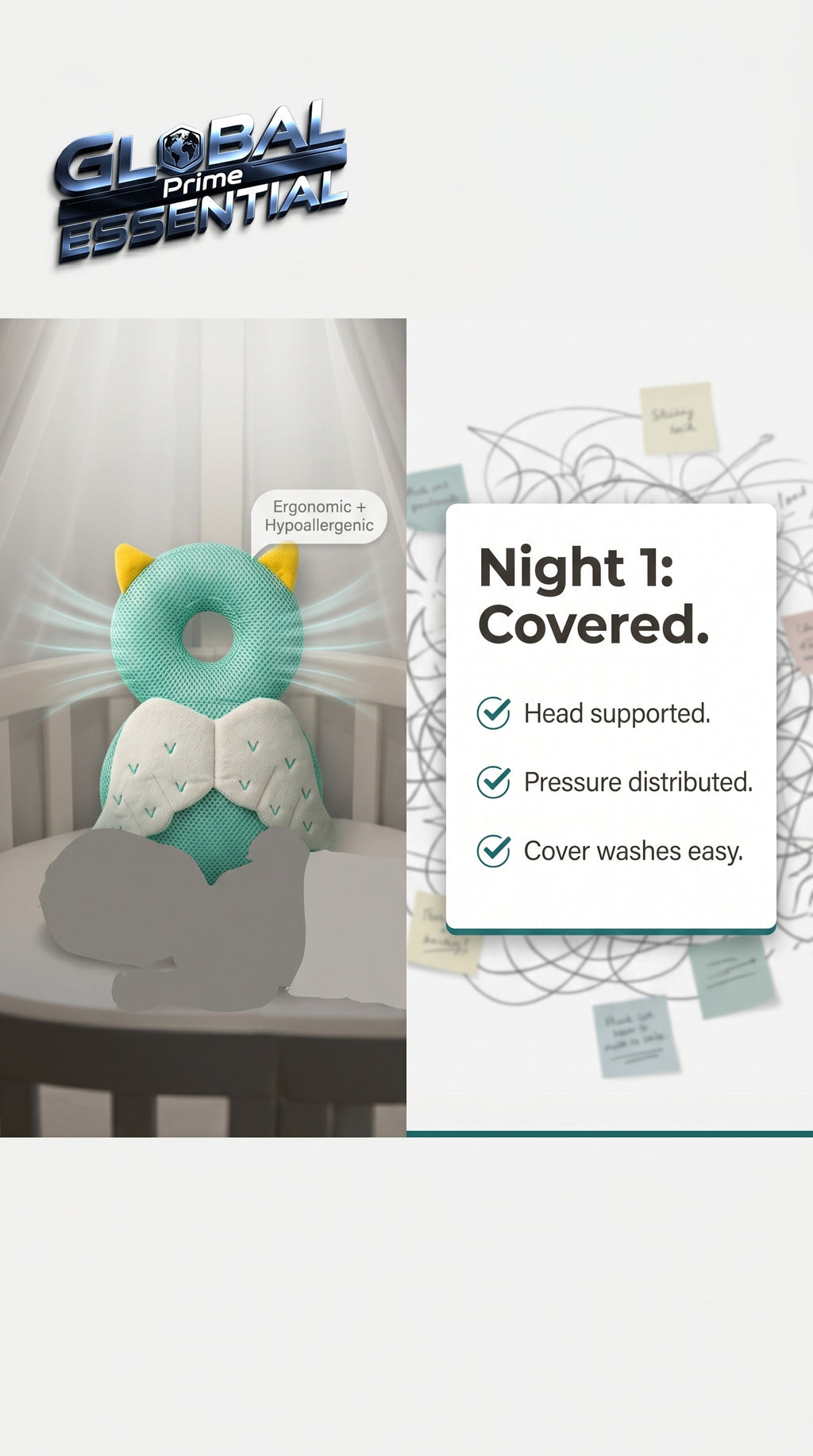 Global Prime Essential newborn protection pillow with soft cover, designed to support and soothe a baby's peaceful sleep.