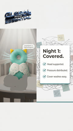 Global Prime Essential newborn protection pillow with soft cover, designed to support and soothe a baby's peaceful sleep.