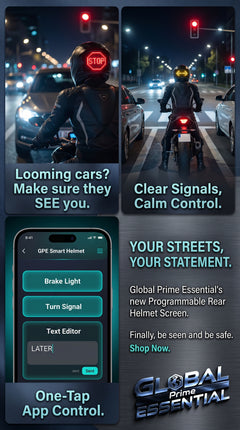 Global Prime Essential motorcycle helmet with programmable LED display, ideal for night riding and enhanced safety.