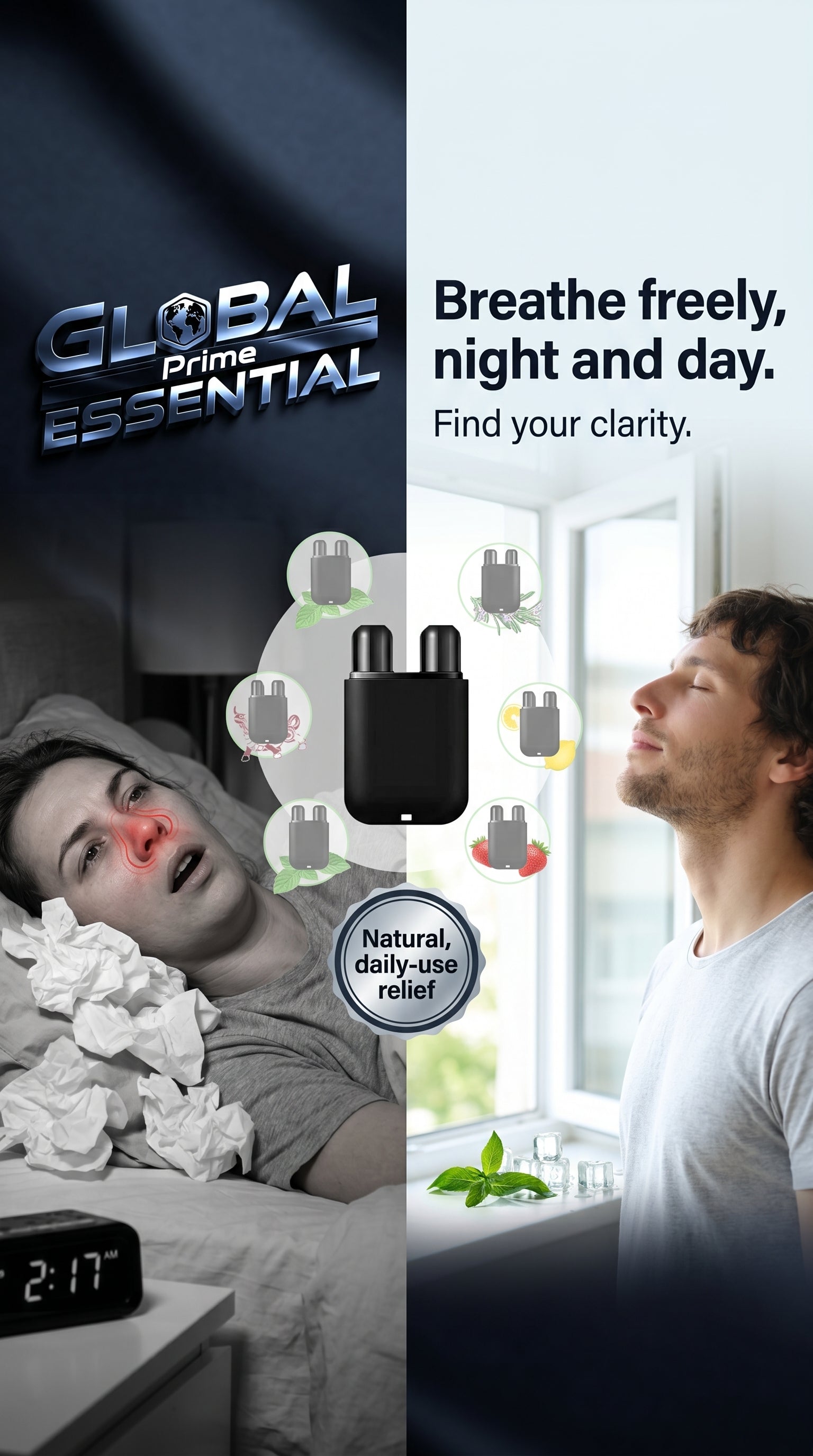 Global Prime Essential Herbal Repair Nasal Box for nighttime congestion relief and improved morning nasal clarity.