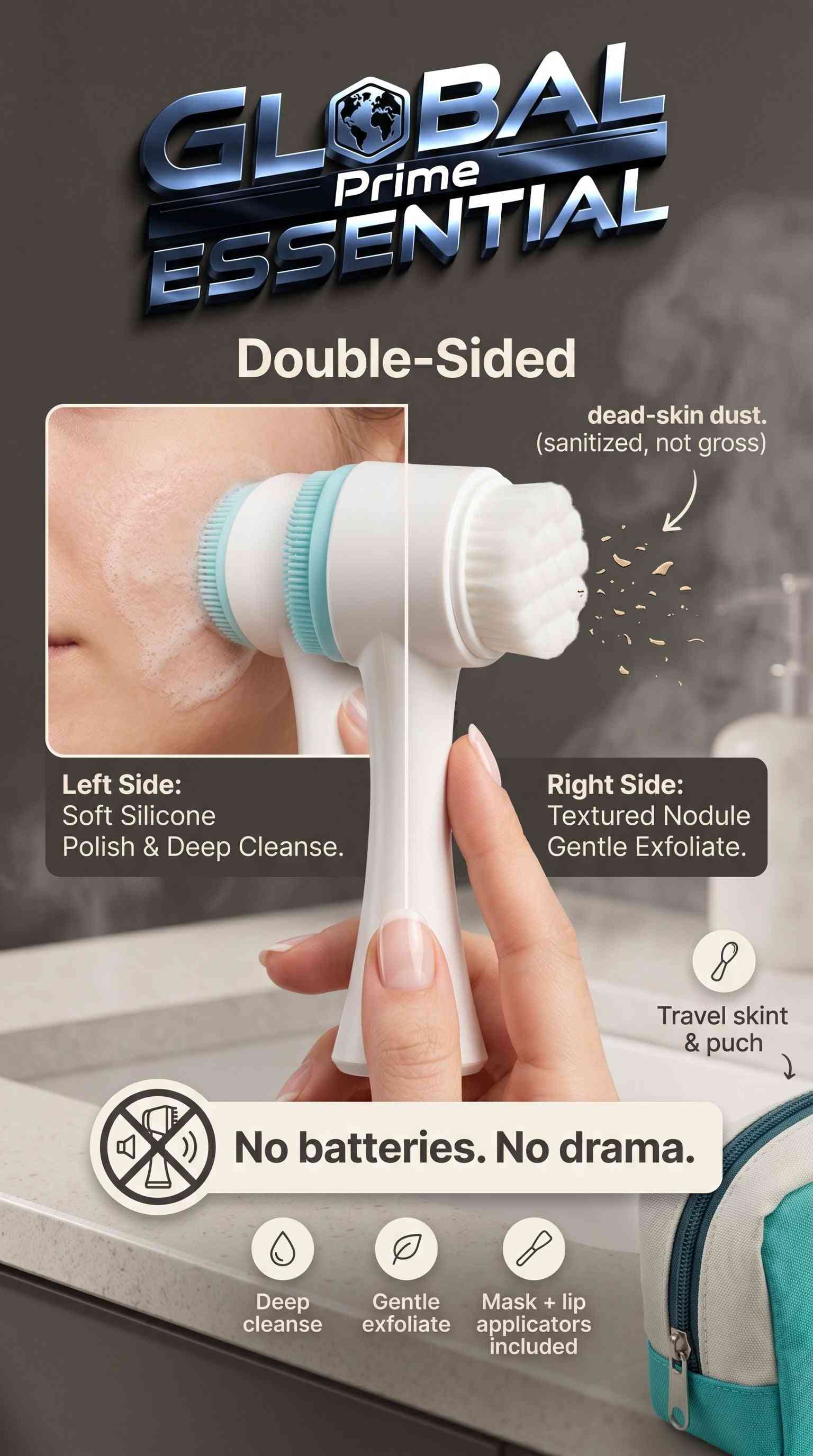 Global Prime Essential 2-in-1 silicone facial cleansing brush with deep pore cleansing, exfoliating, and massage features for smooth skin.
