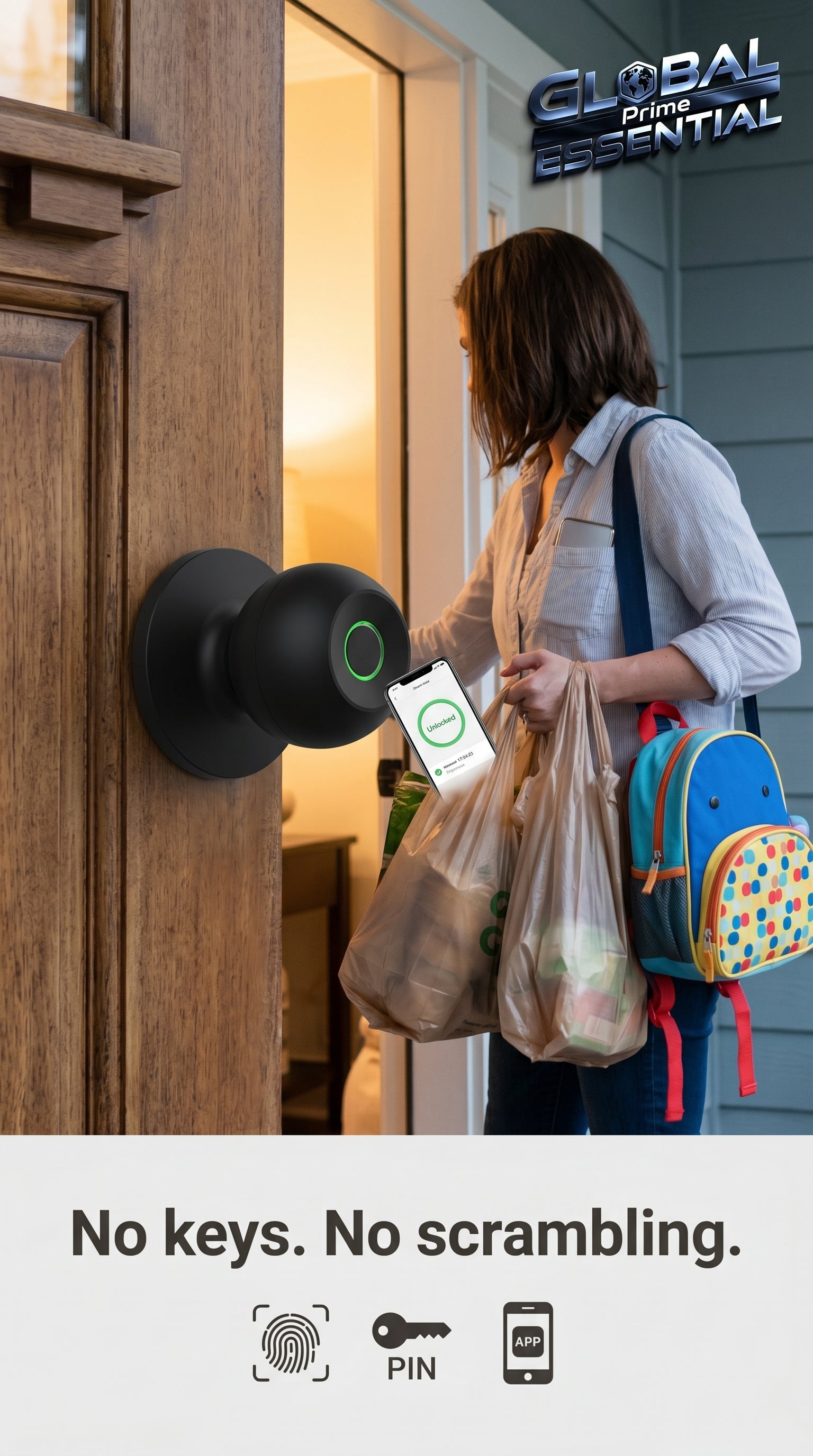 Global Prime Essential smart door knob providing keyless, stress-free instant access with modern, sleek design.