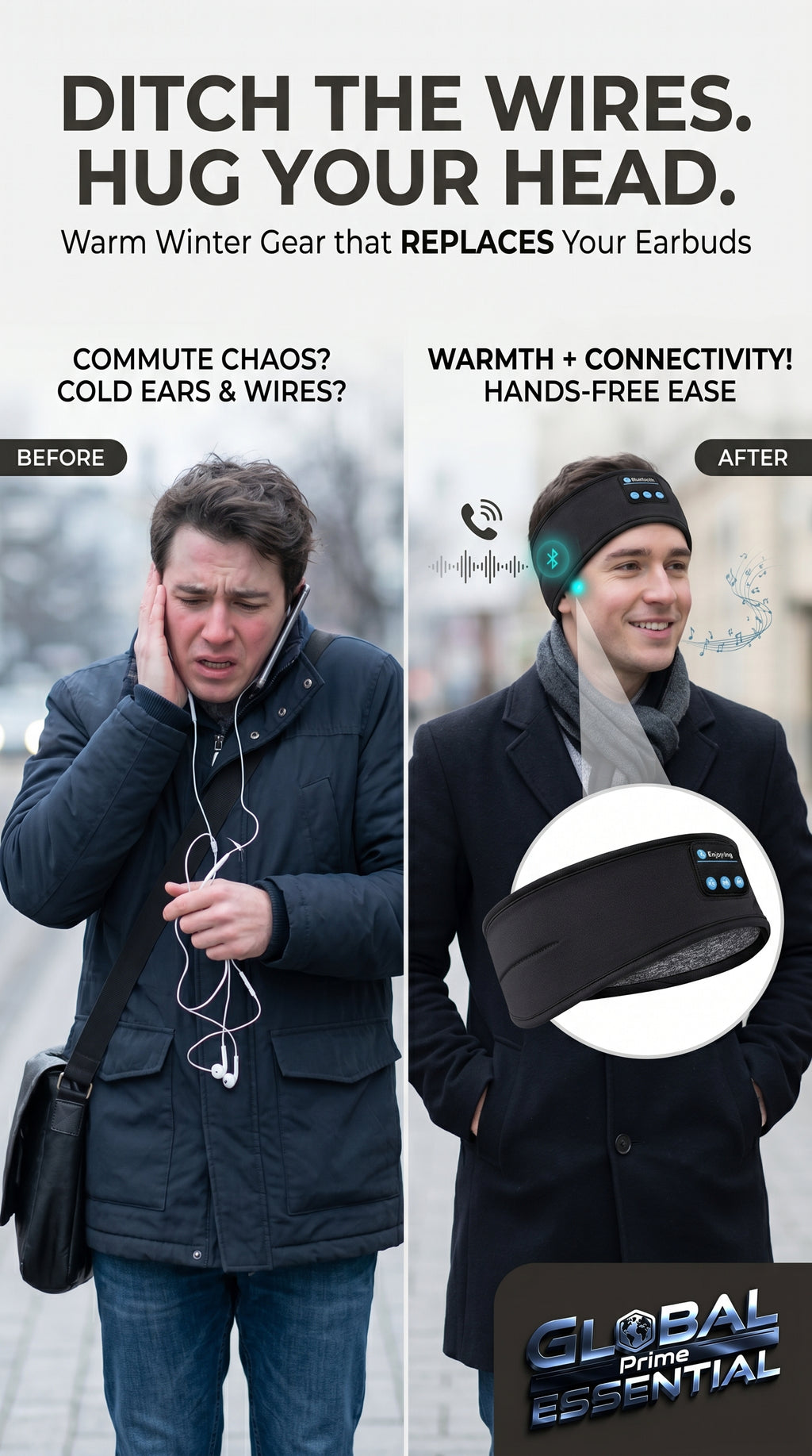 Wireless Bluetooth headscarf by Global Prime Essential with built-in speakers, ideal for outdoor music and calls, keeps ears warm.