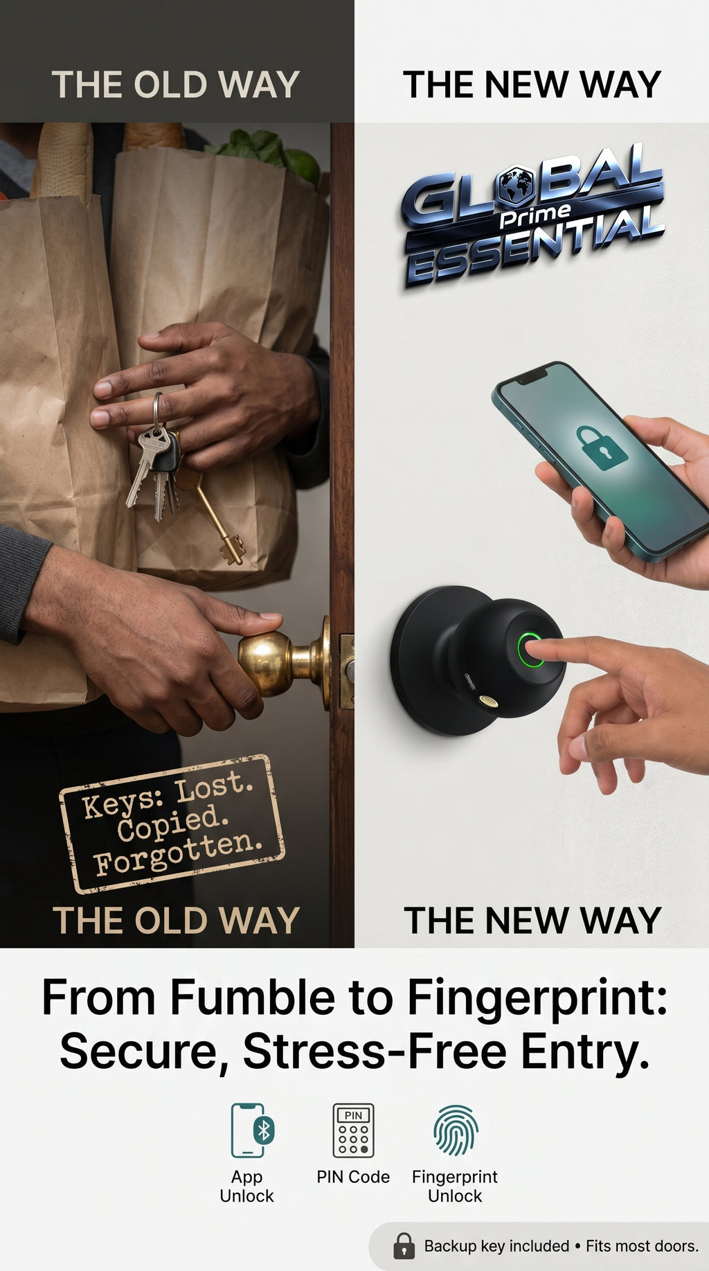 Global Prime Essential smart door knob for keyless, instant door unlocking with no fumbling, featuring modern design and secure access.