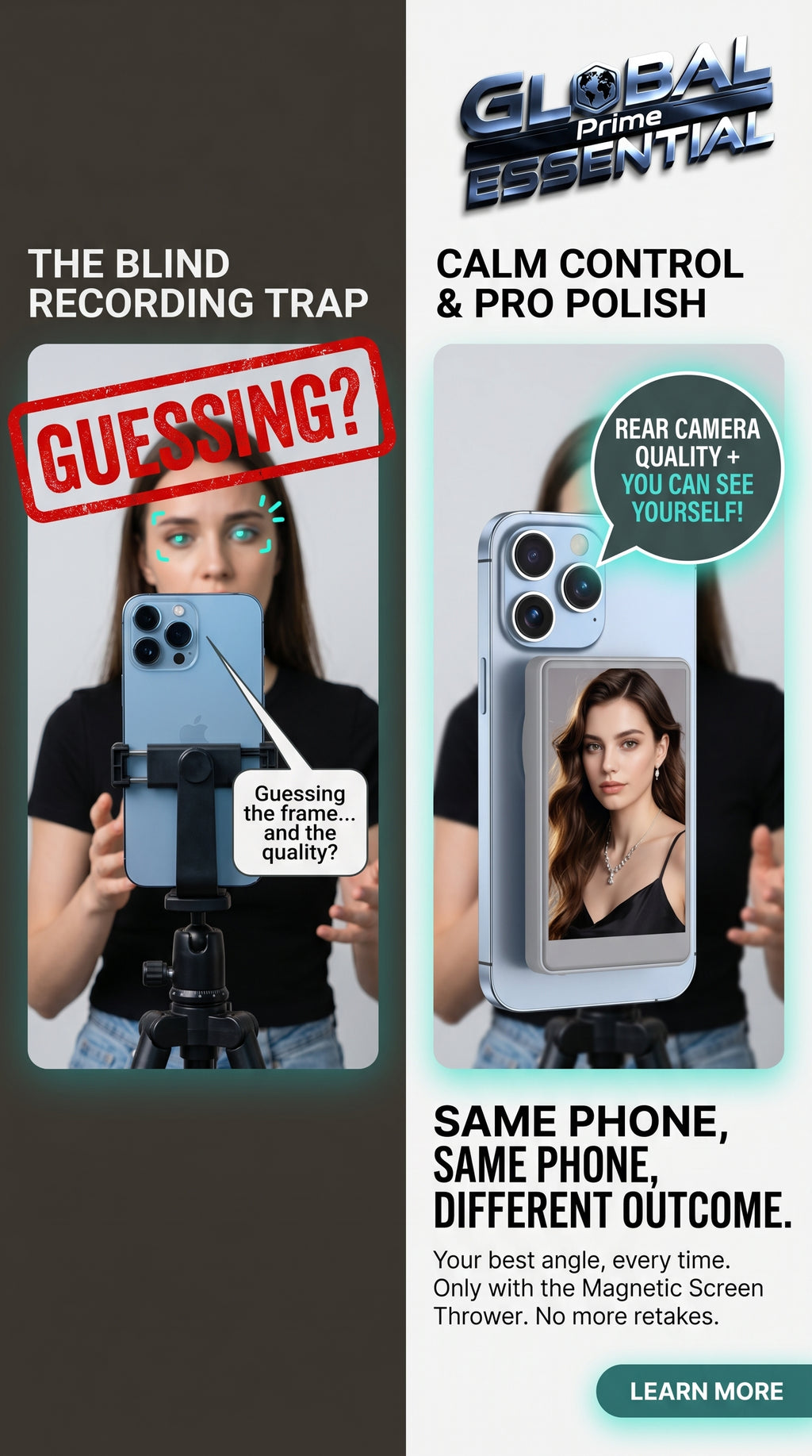 Global Prime Essential Vlog selfie monitor screen for iPhone showing a clear, adjustable display for perfect video shots.