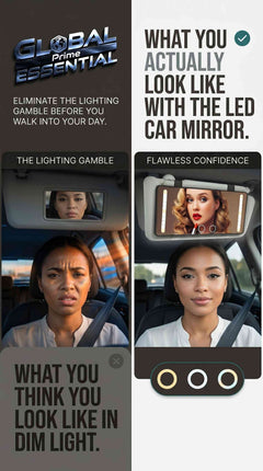 Global Prime Essential LED car makeup mirror with adjustable lighting modes, high clarity, and a portable design for on-the-go makeup.