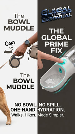 Portable pet water bottle by Global Prime Essential, showing a compact design with a built-in water dish for on-the-go pet hydration.
