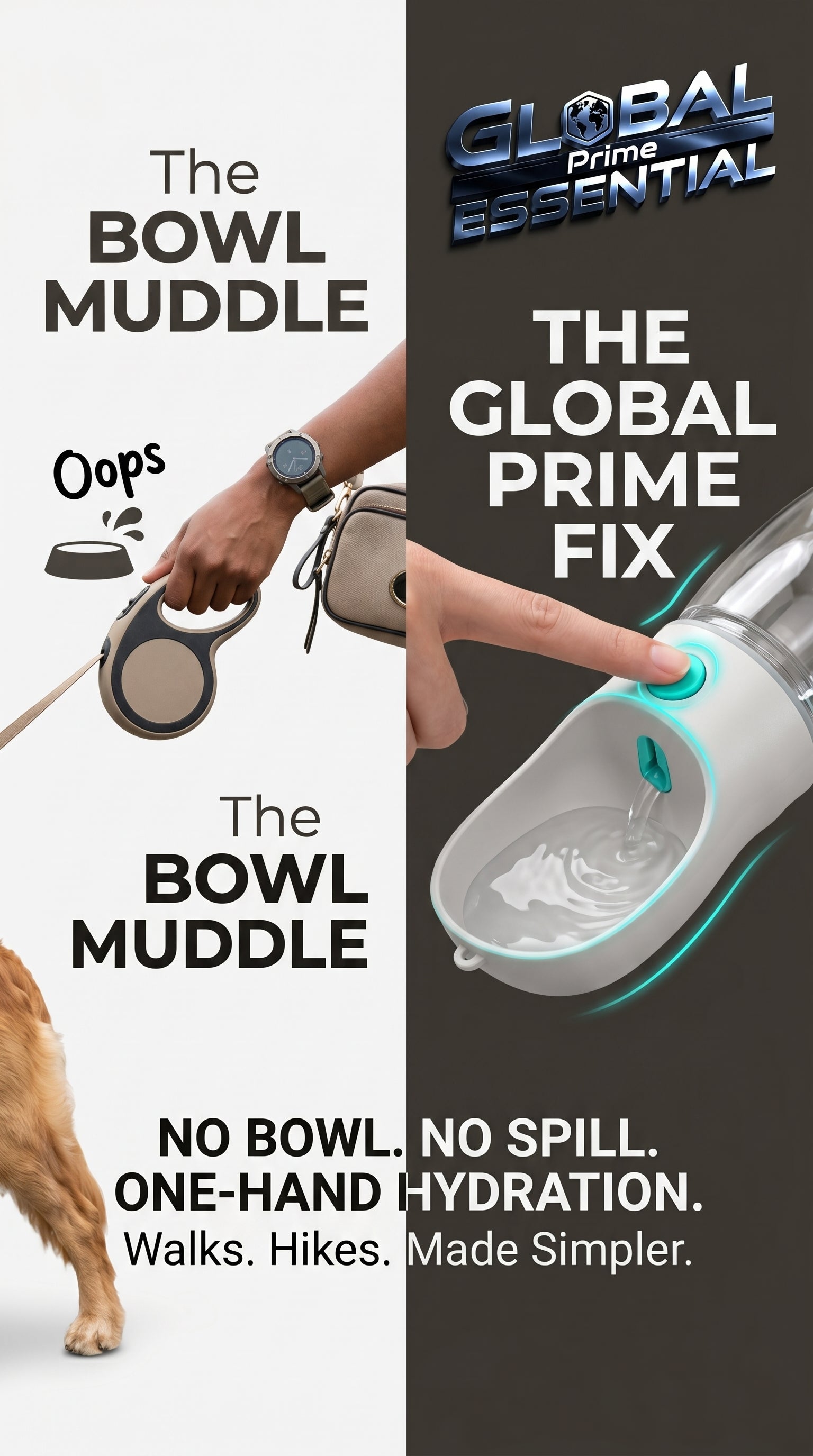 Portable pet water bottle by Global Prime Essential, showing a compact design with a built-in water dish for on-the-go pet hydration.