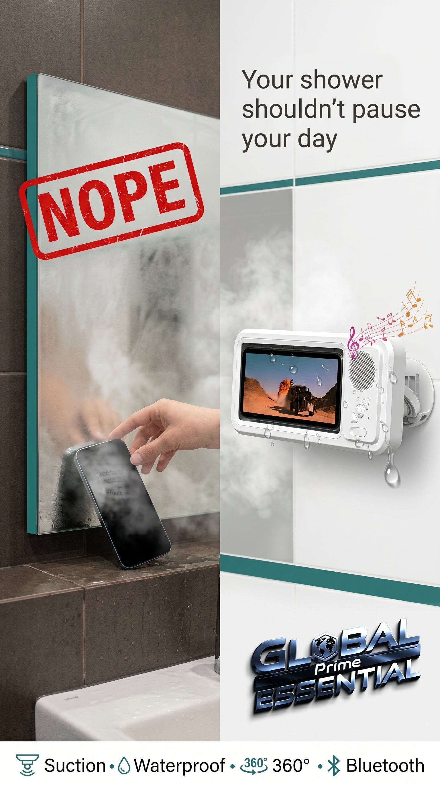 Global Prime Essential shower phone holder with built-in speaker, securely holds phone in the shower for hands-free use.