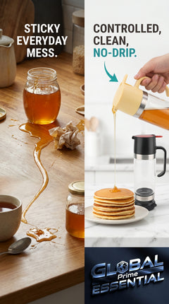 Global Prime Essential honey dispenser with handle and no-drip spout, designed to prevent sticky messes and easily serve honey.