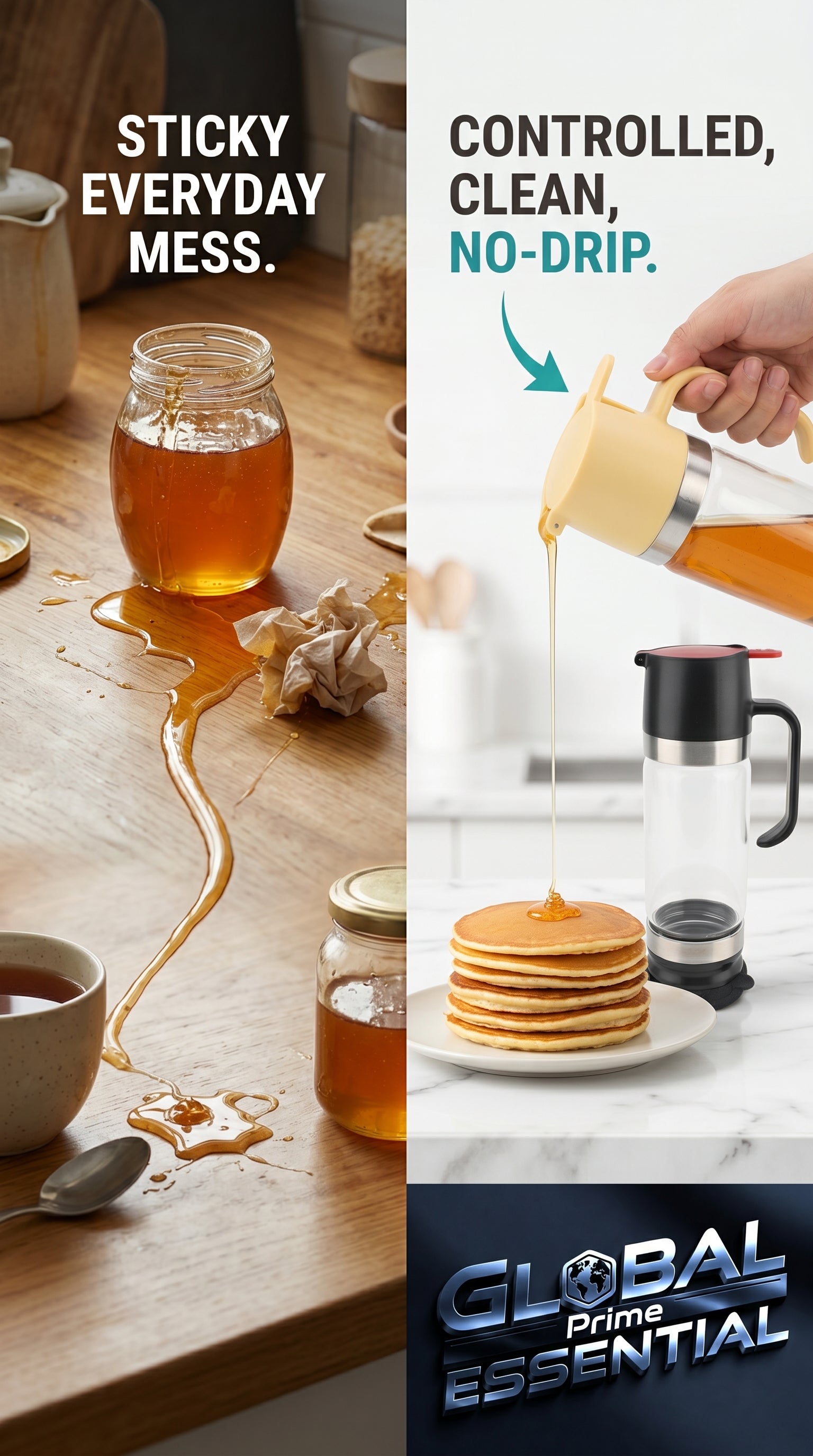 Global Prime Essential honey dispenser with handle and no-drip spout, designed to prevent sticky messes and easily serve honey.