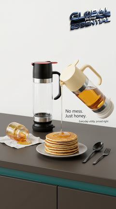 Global Prime Essential honey dispenser with handle and no drip design, showcasing a sleek, easy-to-use honey pouring solution.