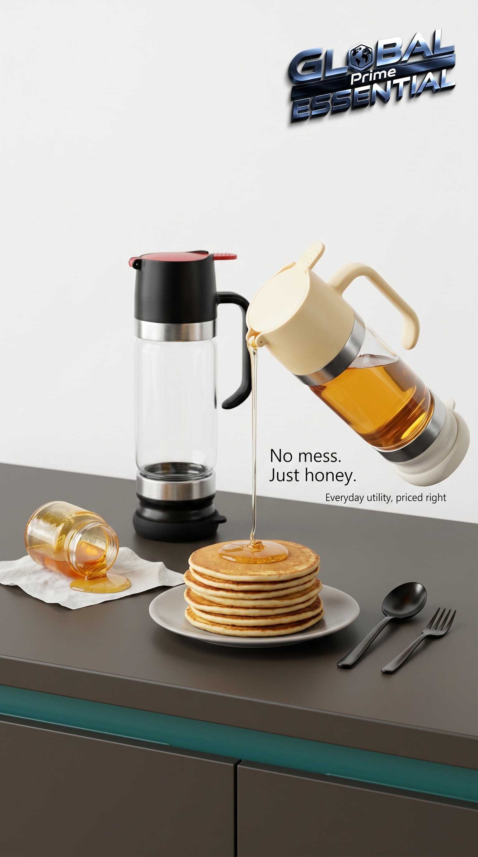 Global Prime Essential honey dispenser with handle and no drip design, showcasing a sleek, easy-to-use honey pouring solution.
