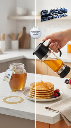 Global Prime Essential honey dispenser with handle and no-drip spout, designed for easy, mess-free honey pouring.