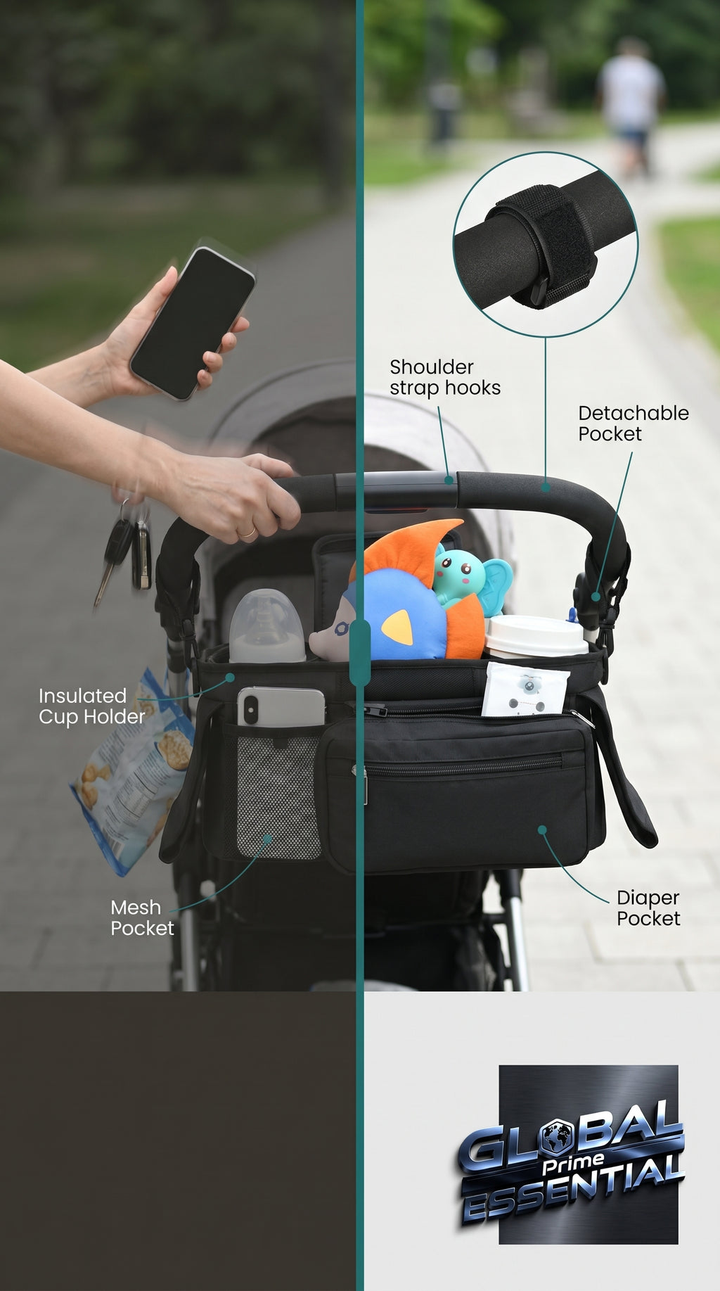 Global Prime Essential baby stroller manager with non-slip strap for secure handling and easy control during walks.