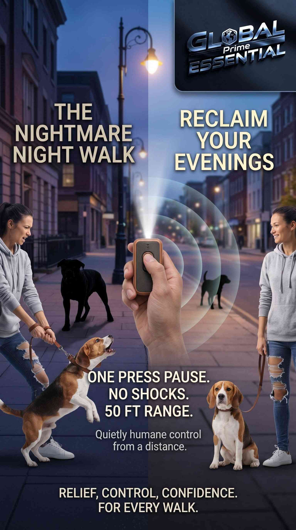 Global Prime Essential ultrasonic dog training device with LED flashlight, 49ft range, triple emitter, used to reduce barking and calm pets.