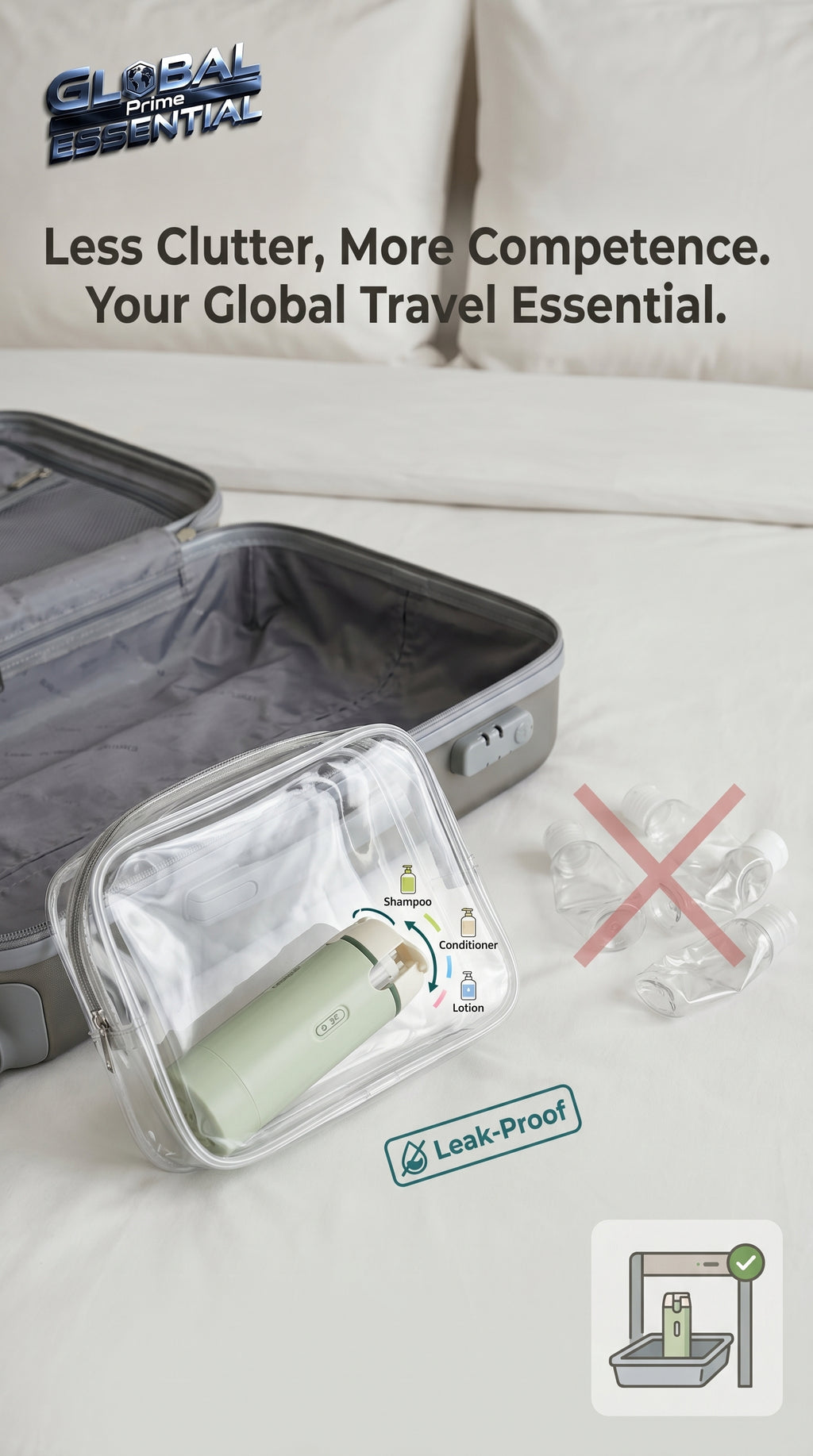 Global Prime Essential 4-in-1 travel dispenser bottle with four compartments for liquids, toiletries, and essentials for outdoor trips.