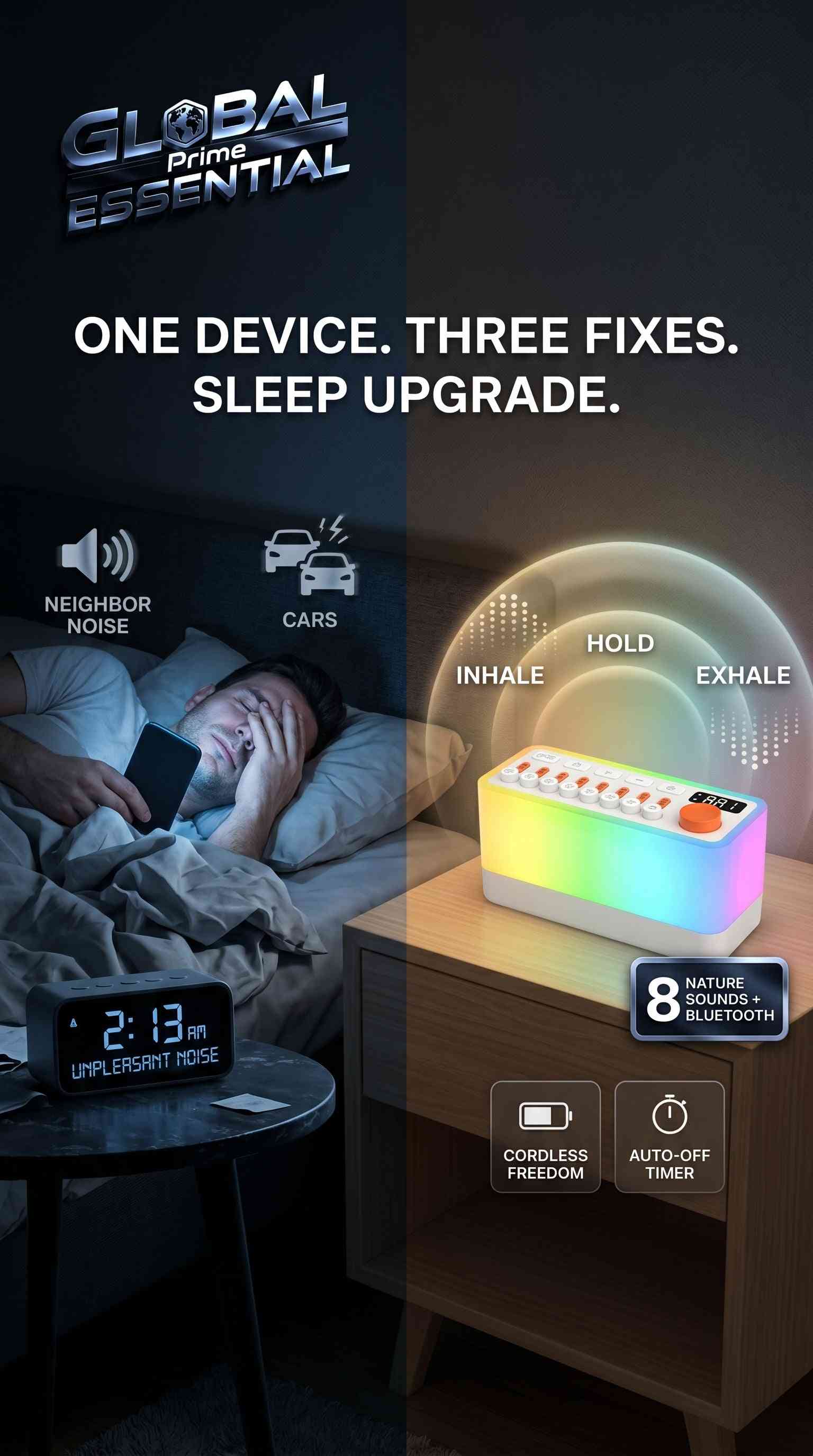 Global Prime Essential ambient sound machine with night light, nature sounds, breathing therapy, and Bluetooth speaker for better sleep.