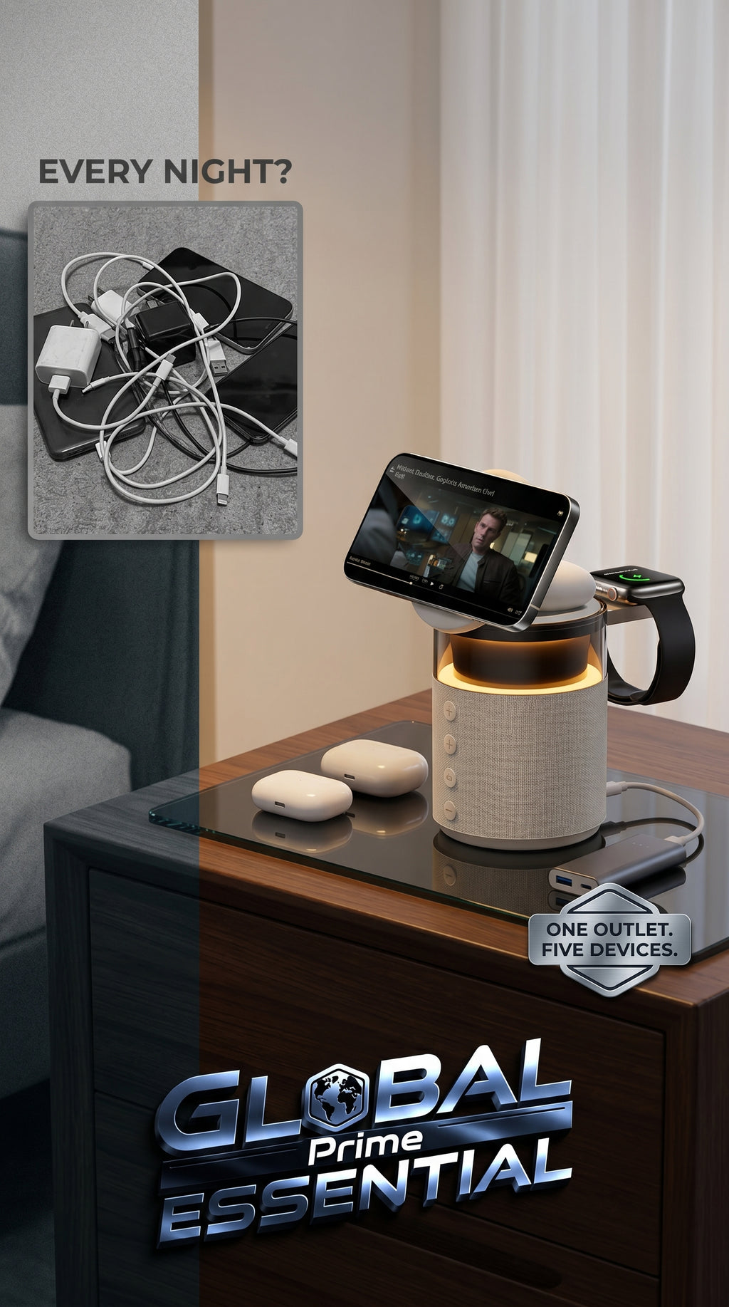 Global Prime Essential 5-in-1 magnetic wireless charging station with five device slots on a desk or nightstand for convenient charging.