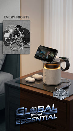 Global Prime Essential 5-in-1 magnetic wireless charging station with five device slots on a desk or nightstand for convenient charging.