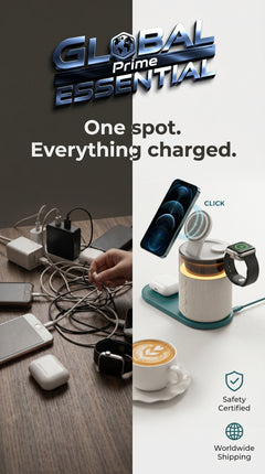 Global Prime Essential 5-in-1 magnetic wireless charging station charging multiple devices on a desk with a sleek design.