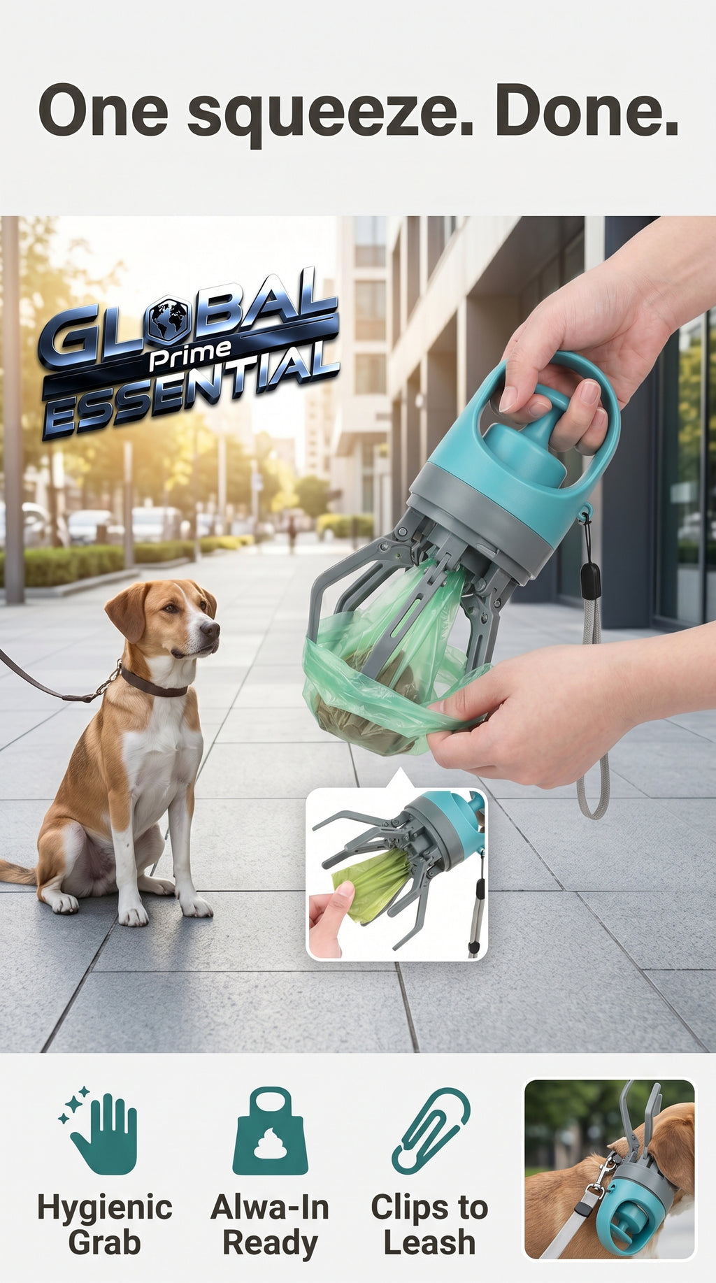 Global Prime Essential portable dog poop scooper with one-squeeze design for effortless cleanup of pet waste.