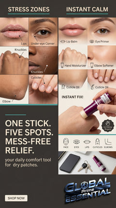 Global Prime Essential Calcium Multi Balm Collagen Stick for firming and hydrating skin, shown with five spots of instant relief.