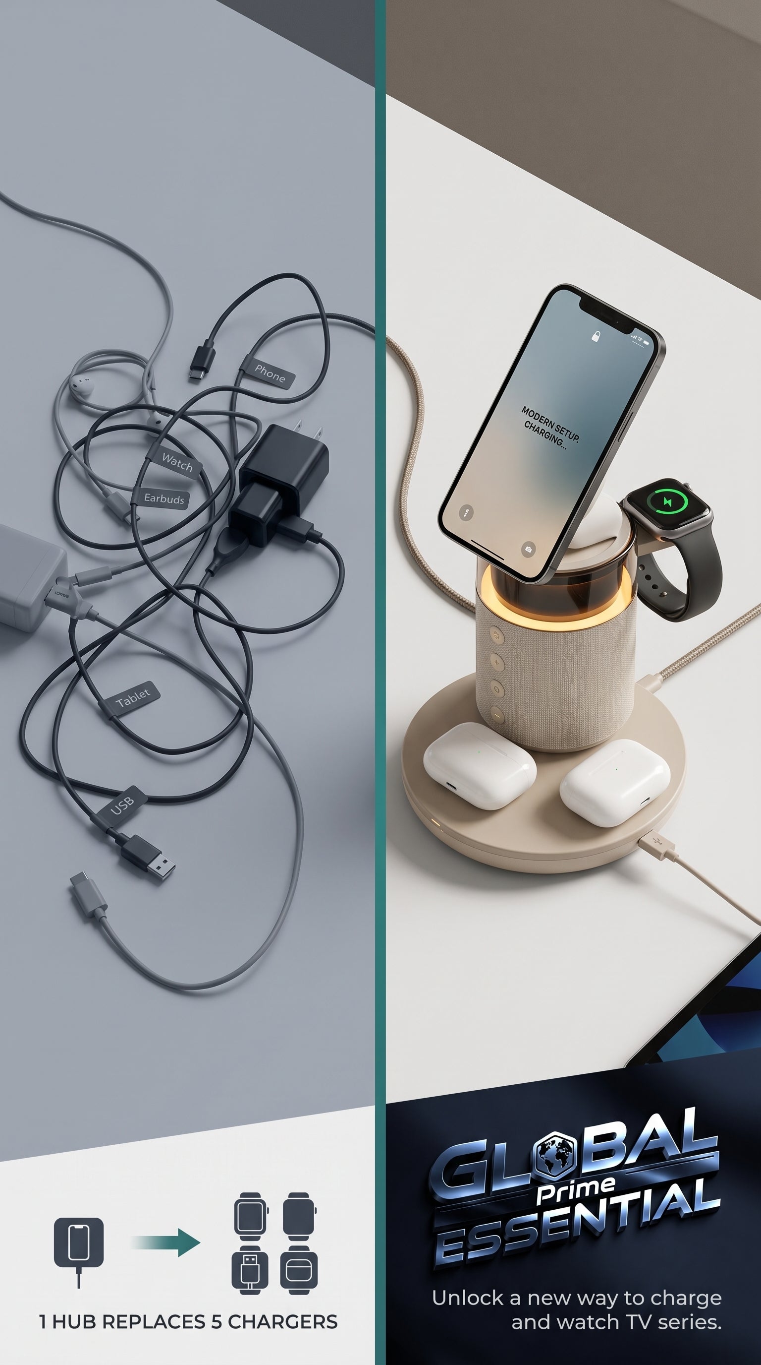 Global Prime Essential 5-in-1 magnetic wireless charging station holding smartphone, smartwatch, and earbuds on a desk or nightstand.