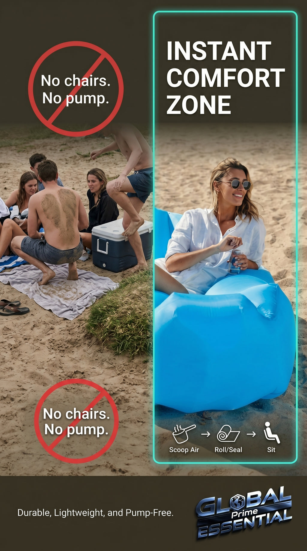 Global Prime Essential inflatable lounger outdoors, showcasing portable, comfortable outdoor seating in a natural setting.