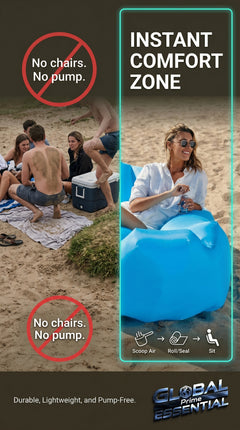 Global Prime Essential inflatable lounger outdoors, showcasing portable, comfortable outdoor seating in a natural setting.