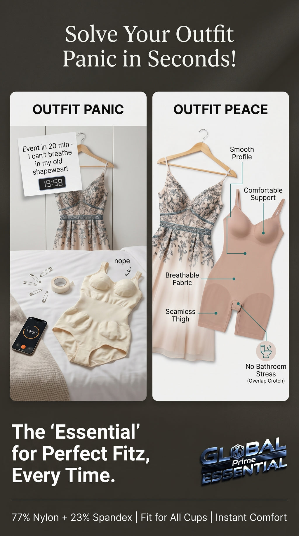 Global Prime Essential shapewear bodysuit worn under outfit, smooths and shapes the body for a seamless silhouette.