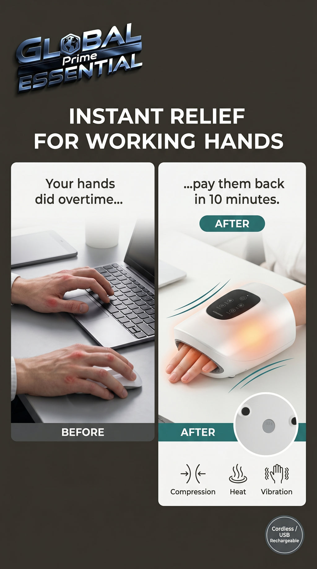 Wireless electric hand massager by Global Prime Essential providing quick relief for overworked hands in just 10 minutes.