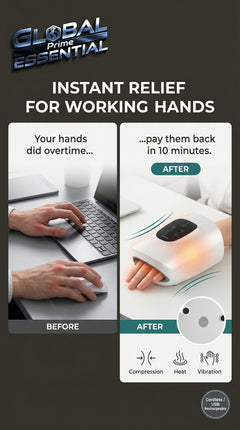 Wireless electric hand massager by Global Prime Essential providing quick relief for overworked hands in just 10 minutes.