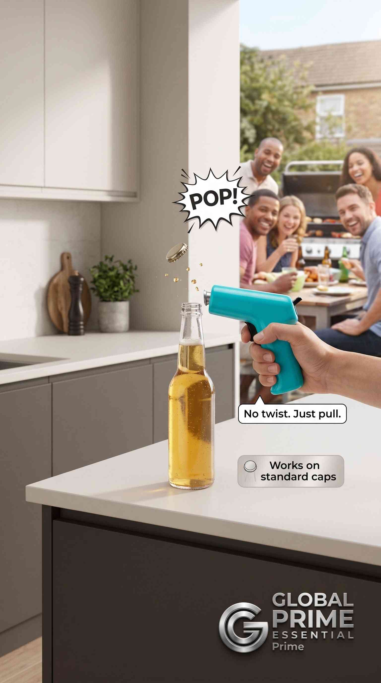 Global Prime Essential cap gun bottle opener in use, opening a beer bottle with a fun pull-release mechanism at a party or BBQ.