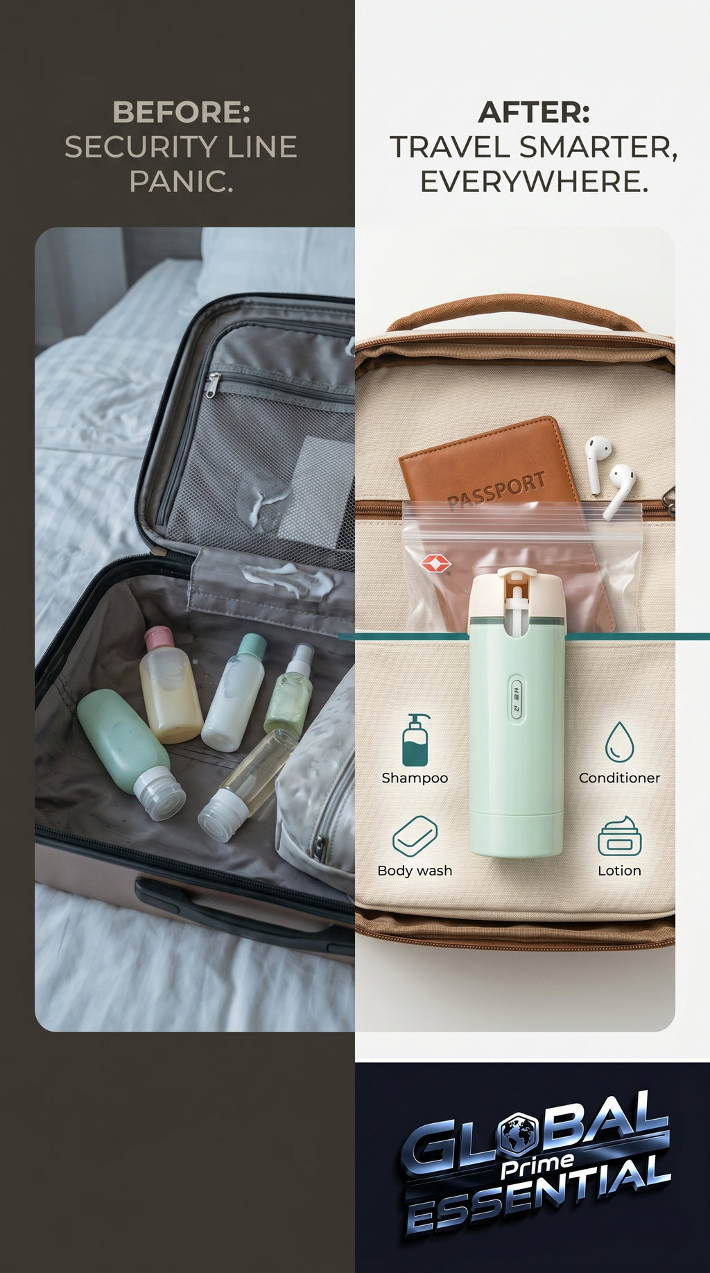 Global Prime Essential 4-in-1 travel dispenser bottle showing compact outdoor accessory with multiple dispensing sections.